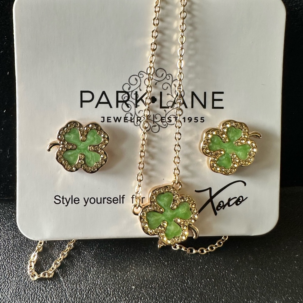 Park Lane Gold and Green Clover Earrings and Necklace
